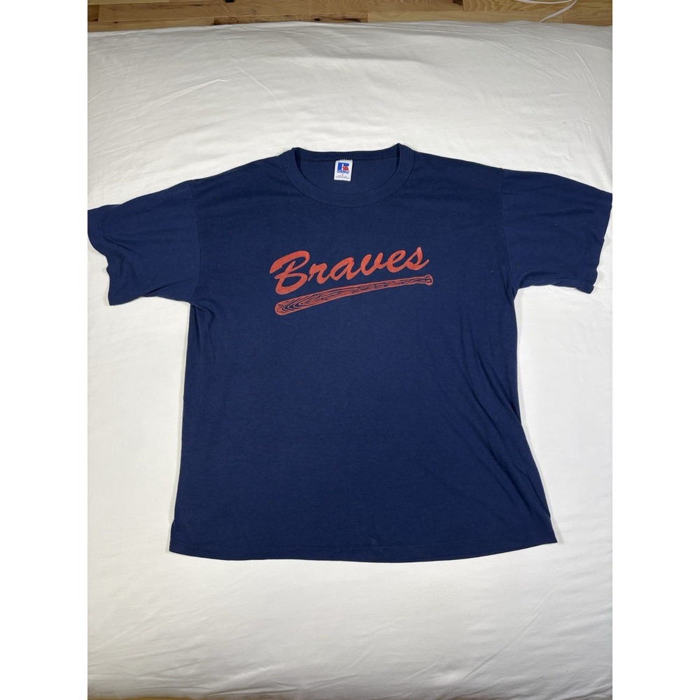 Vintage 90s Atlanta Braves Russell Athletic T Shirt Large Made in USA Navy